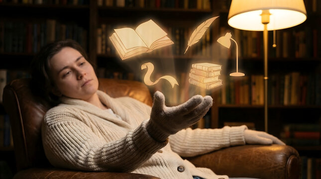 Thoughtful reader with amber literature holograms