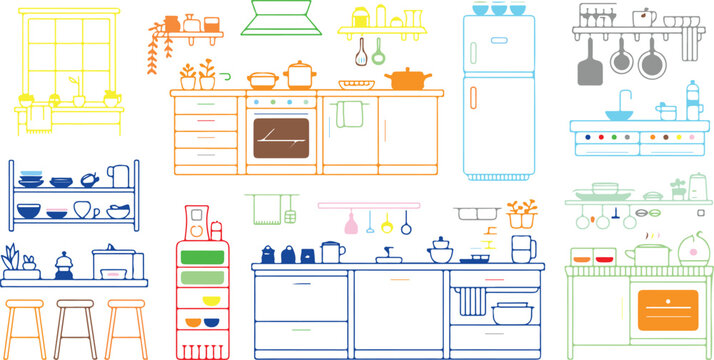 colorful kitchen items and appliances illustration set on white background