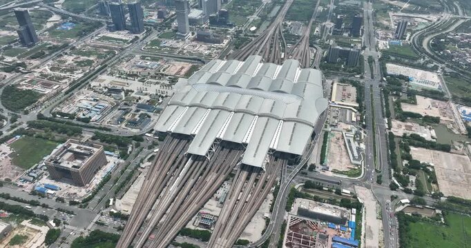Filmed on June 5, 2025 in Guangzhou, Guangdong, China. Guangzhou South Railway Station is a major high-speed railway hub and modern landmark in Guangzhou.