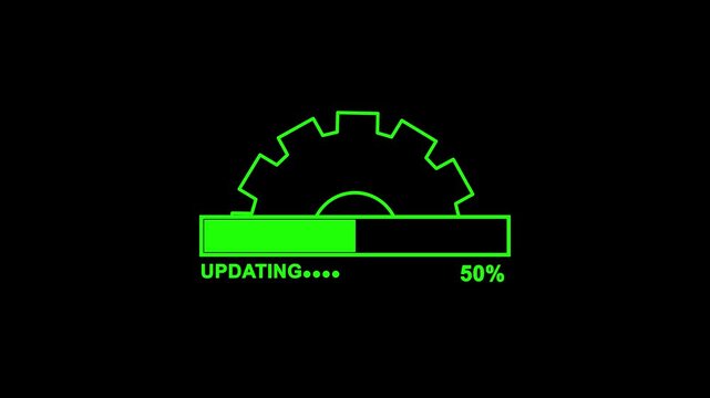 Loading bar animation with software update and settings icons. Smooth animated progress bar showing upload or update process with spinning settings gear symbol. High quality 4K motion graphics 