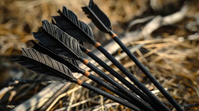 Video A group of black arrows sit atop dry grass, ready for use or display