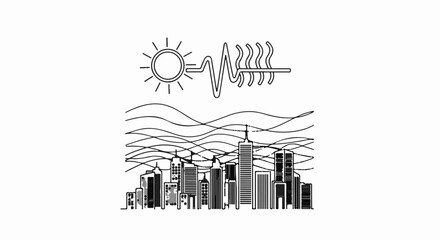 Obraz premium Stylized urban skyline under wavy lines and sun with wavy heat symbol