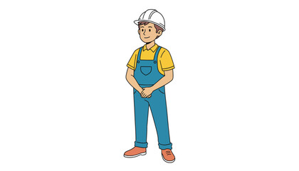 A cartoon worker wearing a hard hat and overalls standing confidently