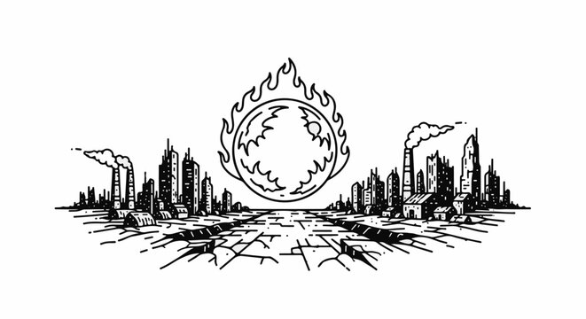 A desolate city with factories belching smoke under a fiery orb