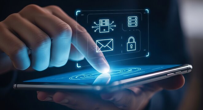 Hands using smartphone to manage secure server and email communication with digital interface icons