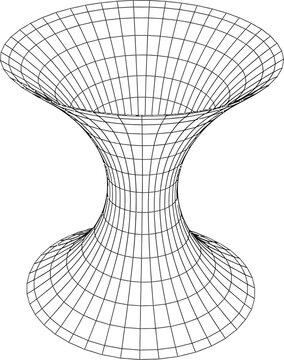 Wireframe illustration depicts a three-dimensional rotational shape resembling an hourglass or wormhole structure with converging curved grids.