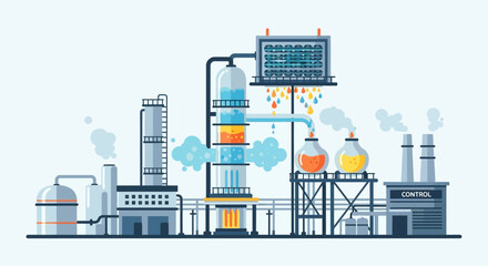 Fototapeta premium Industrial Chemical Plant with Distillation Tower and Reactors.