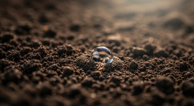Close-up of a clear water droplet resting on dark, rich soil, showcasing healthy moisture retention and soil composition