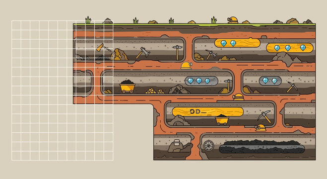 Illustration of a train yard with multiple carriages and tracks.