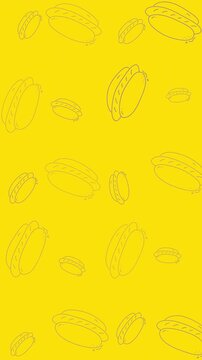 Food doodle with scattered handdrawn hot dog outlines on a cheerful yellow background. Perfect for foodthemed designs and childrens products.