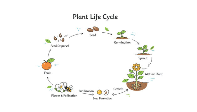 Plant life cycle illustration with detailed growth stages