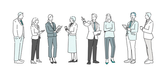 様々な姿勢で立つ男女グループービジネスパーソンービジネスチームのベクターイラスト素材