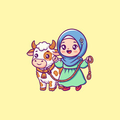 Fototapeta premium Cute Girl in Hijab With Cow Eid Adha