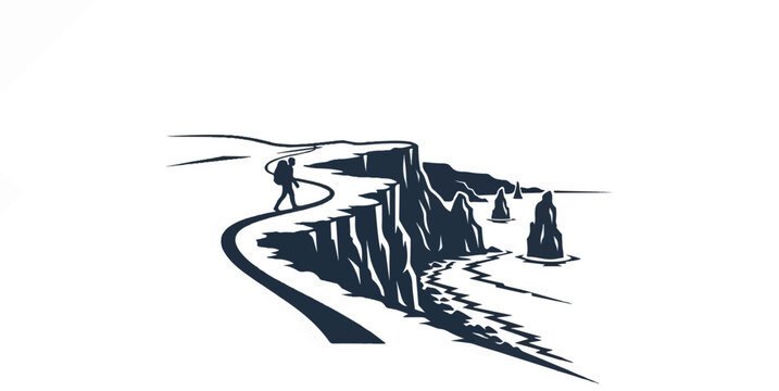 Lone hiker with backpack walks along a cliff path overlooking the sea