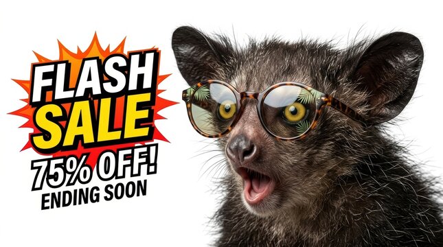 Surprised Aye aye animal wearing trendy round eyeglasses next to a dynamic Flash Sale 75 OFF graphic