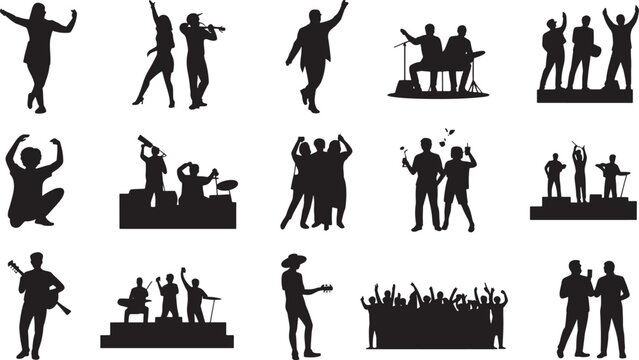 Silhouettes of People Playing Musical Instruments and Dancing on Stage