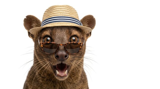 Surprised Fossa wearing a straw hat and sunglasses mouth open with an astonished expression on a white background