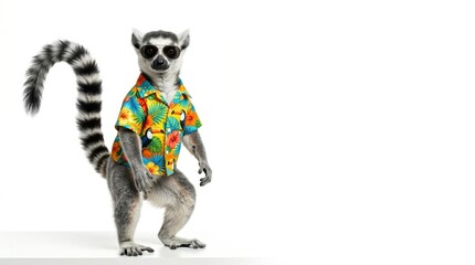 Naklejka premium Ring tailed lemur wearing dark aviator sunglasses and a vibrant tropical Hawaiian shirt standing on a white background