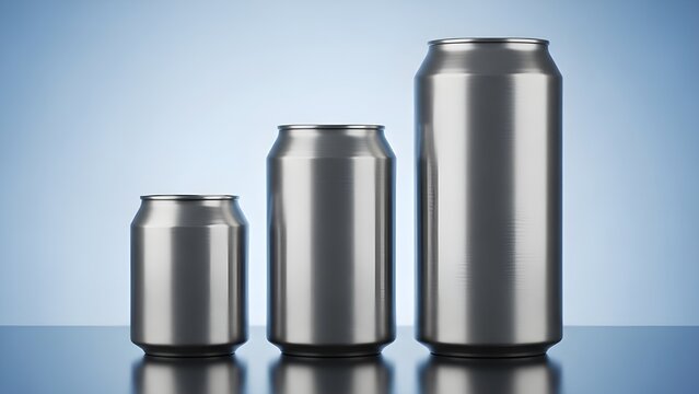 Three silver aluminum cans of different sizes on a reflective surface
