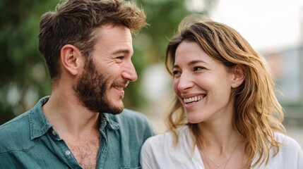 Fototapeta premium Couple smiling while talking together in outdoor park