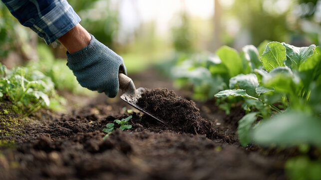 Gardener hand digging soil with trowel in vegetable bed