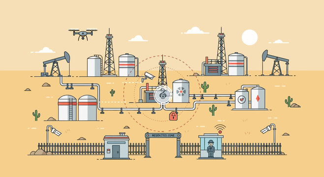 Oil Extraction and Processing Facility in Desert Landscape.