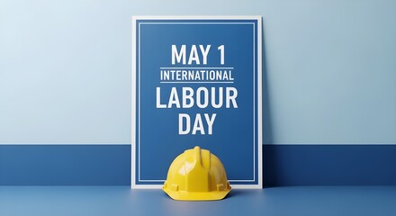 International labour day celebration with hard hat and informative poster
