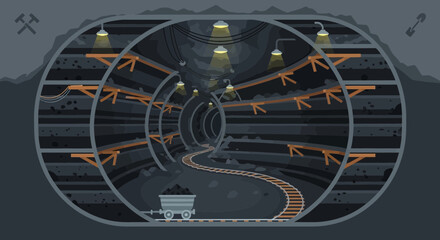 Fototapeta premium Underground Mine Tunnel with Cart and Lights.