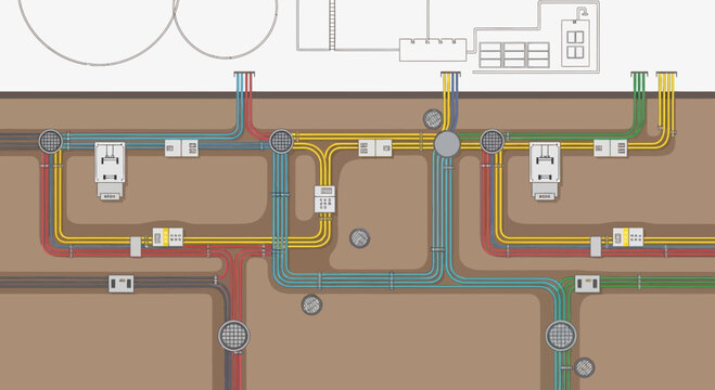 Underground Utility System Diagram with ColorCoded Pipes.