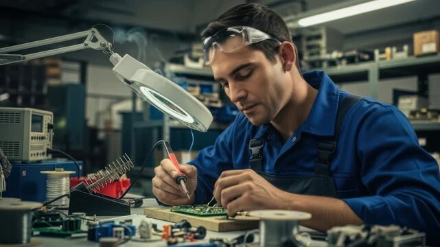 A man focuses on repairing a circuit board in an electronics workshop. He uses tools and components around him