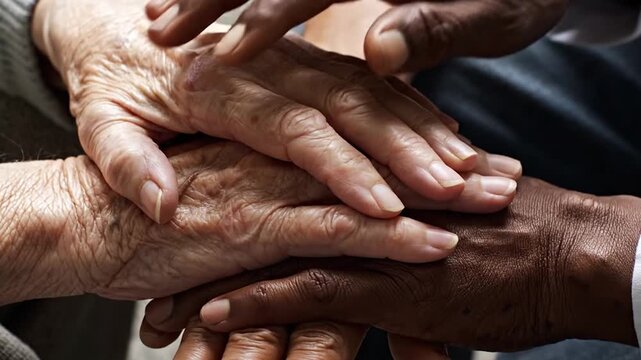 Diverse hands stacked on top of each other in a symbol of unity and support.