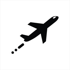 Black silhouette of an airplane ascending with contrails on a white background, representing travel and aviation © ARahimBR