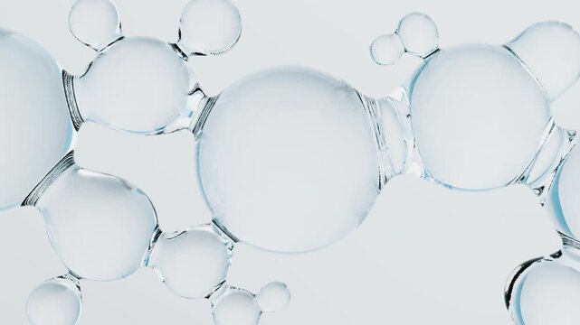 Transparent 3D structure molecule, liquid water drops. Cosmetic products for skin care, hyaluronic. Abstract animation video pattern. Healthcare and medicine designs concept, beauty background.