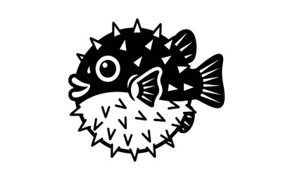 A black and white illustration of a pufferfish with spiky body and fins © Apai