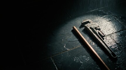 Obraz premium A heavy duty pipe wrench and a copper pipe segment lie on a dark wet textured floor under falling water drops