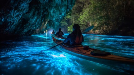 Fototapeta premium Paddling Through a Surreal Bioluminescent Cave River at Night