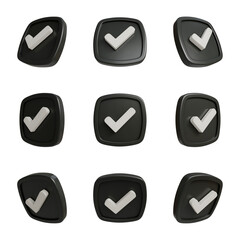 3D Black Checkmark Badge Icon Set, Minimalist Isometric Tick Symbols for Dark Mode UI, Glossy Check Mark Render.