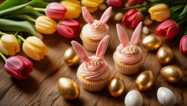Cupcakes decorados con orejas de conejo, rodeados de tulipanes de colores y huevos de Pascua dorados sobre una mesa de madera r&uacute;stica con luz c&aacute;lida.