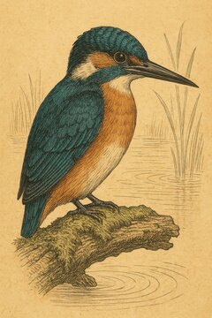 Jewel-toned common kingfisher perched at a riverbank, vintage ornithology plate