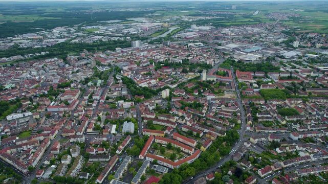 An aerial view beside the old town above the city Schweinfurt , Germany on a sunny day in spring