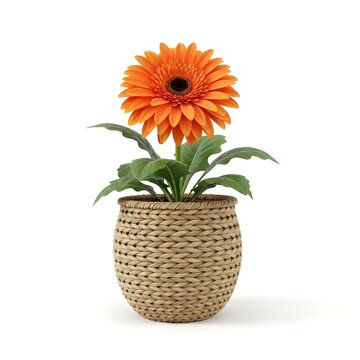 Vibrant orange gerbera daisy in woven wicker basket pot