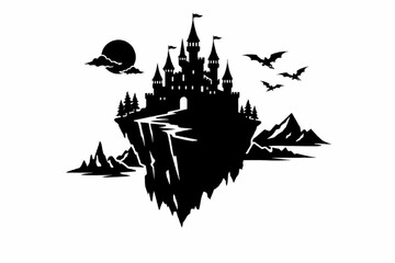 Naklejka premium Mystical Gothic Castle Silhouette on Floating Island with Dragons and Moon