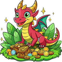 Fototapeta premium Friendly dragon sitting on treasure with coins and gems, fantasy line art coloring book illustration, white background 