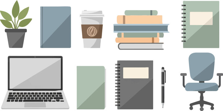 Workspace essentials potted plant, books, coffee, laptop, notebooks, pen, and chair