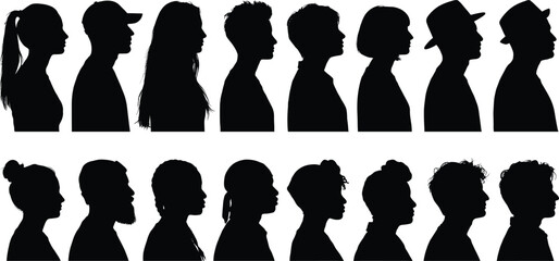 Human Head Profile Silhouette Collection Showing Diverse Men and Women Side View Portraits Different Hairstyles Isolated Vector Illustration Set © MdMeser