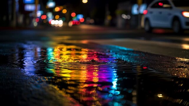 Rain puddle on city street at night with colorful light reflections