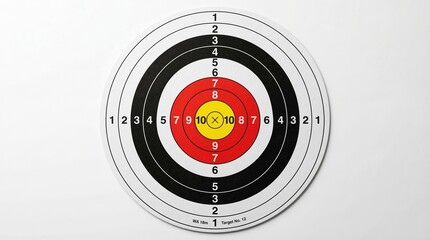 Diana de tiro con c&iacute;rculos conc&eacute;ntricos, n&uacute;meros y s&iacute;mbolos sobre fondo blanco neutro. Imagen clara y minimalista que representa precisi&oacute;n, objetivo, estrategia y &eacute;xito.