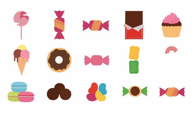 Sweet candy and dessert icon set with lollipop chocolate cupcake donut and confectionery flat vector icons isolated on white background