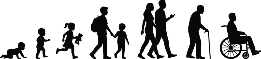 Human Life Cycle Silhouette Showing Baby Child Teen Adult and Elderly With Cane and Wheelchair Aging Stages Concept Vector Illustration