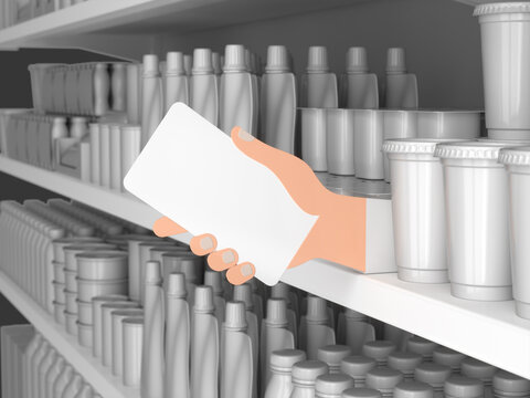 Close-up of shelf stopper in the shape of a hand holding a sign and supermarket shelves with blank goods. 3d illustration
